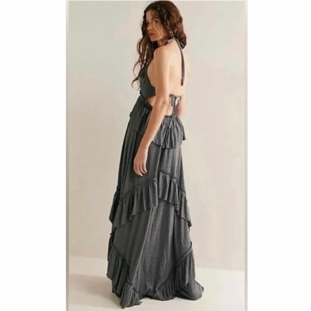 Free People Beach Santa Luz Ruffle Maxi Dress Gray Boho Open Back XS - Picture 2 of 11